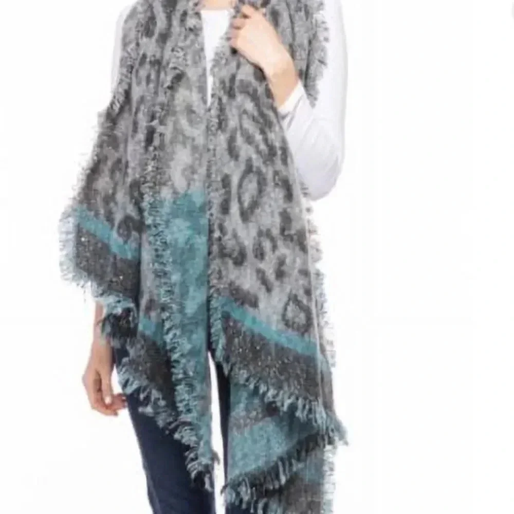 INC International Concepts Leopard Print Sequin Wrap Scarf Gray Black Blue